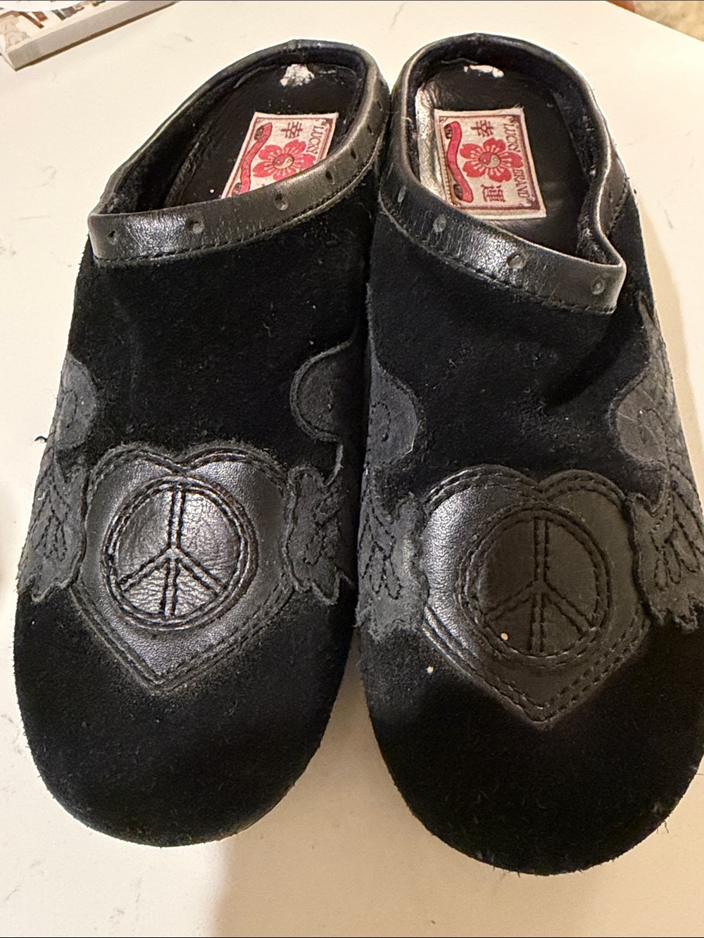 Lucky Brand Black Suede Slip-On Clogs with Heart Peace Motif